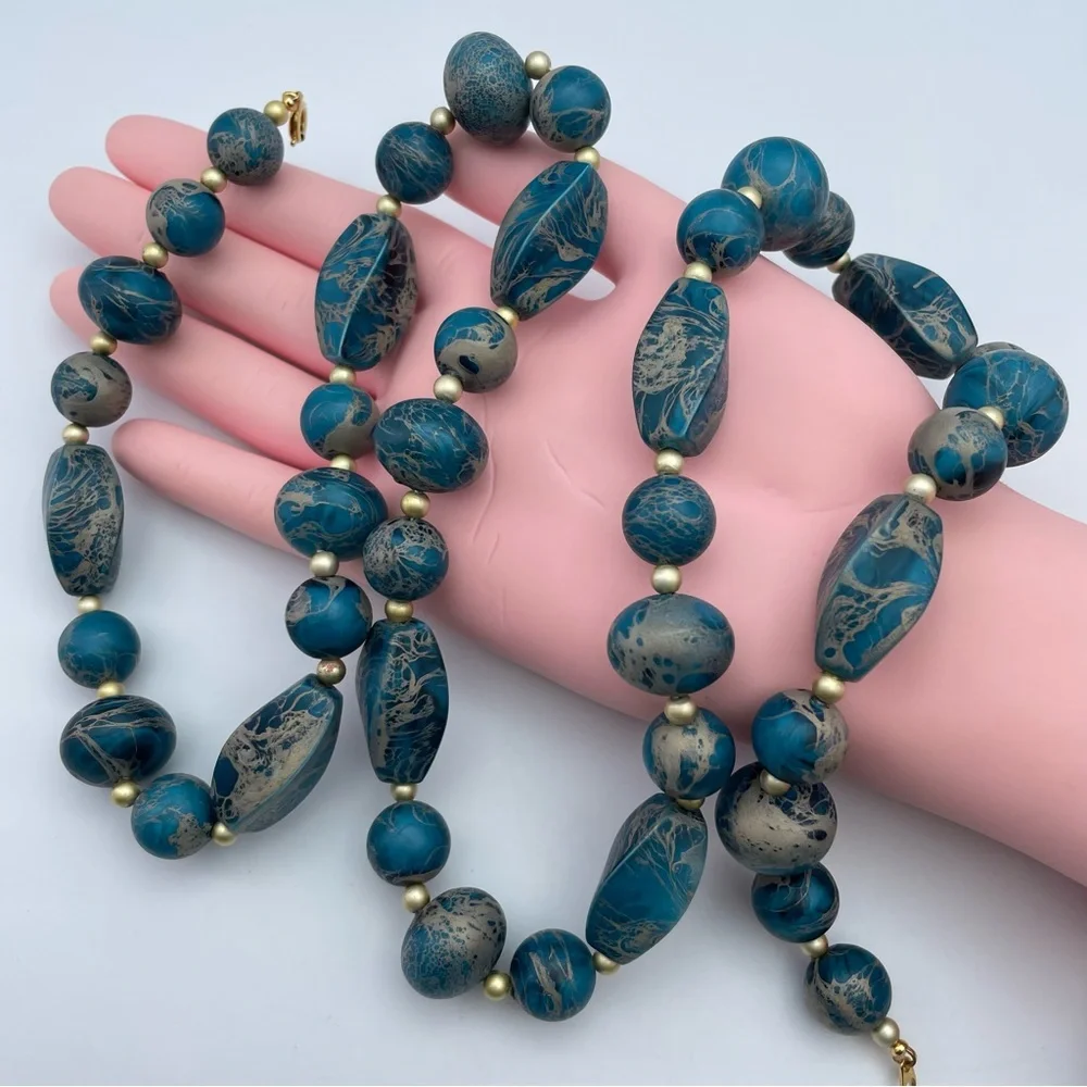 Gorgeous Blue Marbled Lucite Bead Necklace 30” Long Gold Tone Spacer Beads